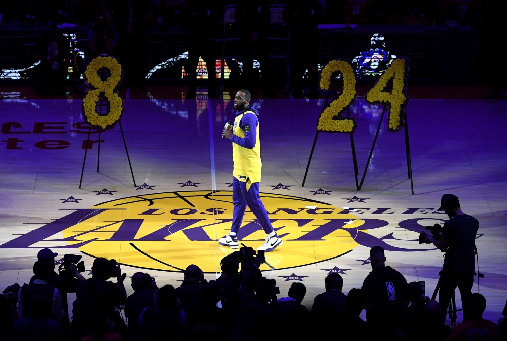  LeBron James #23 of the Los Angeles Lakers speaks during the pregame ceremony to honor Kobe Bryant before the game against the Portland Trail Blazers at Staples Center on January 31, 2020 in Los Angeles, California. Kevork Djansezian/Getty Images/AFP 