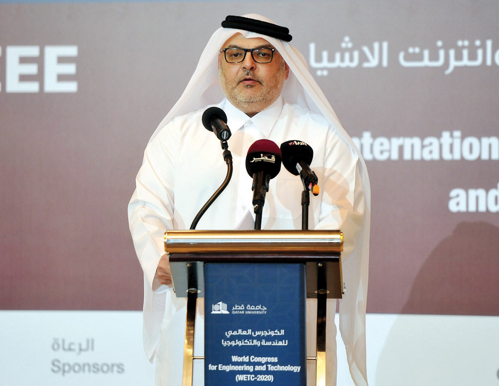 Dr Engineer Saad bin Ahmed Al Muhannadi, President of the Public Works Authority (Ashghal), addresses the opening ceremony of the World Congress of Engineering and Technology (WETC-2020) yesterday. Pic: Abdul Basit/The Peninsula