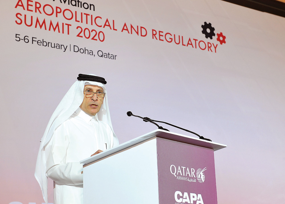 The Group Chief Executive of Qatar Airways, H E Akbar Al Baker, addressing the opening of the CAPA Summit at the Sheraton Grand Doha Resort and Convention Hotel yesterday. 