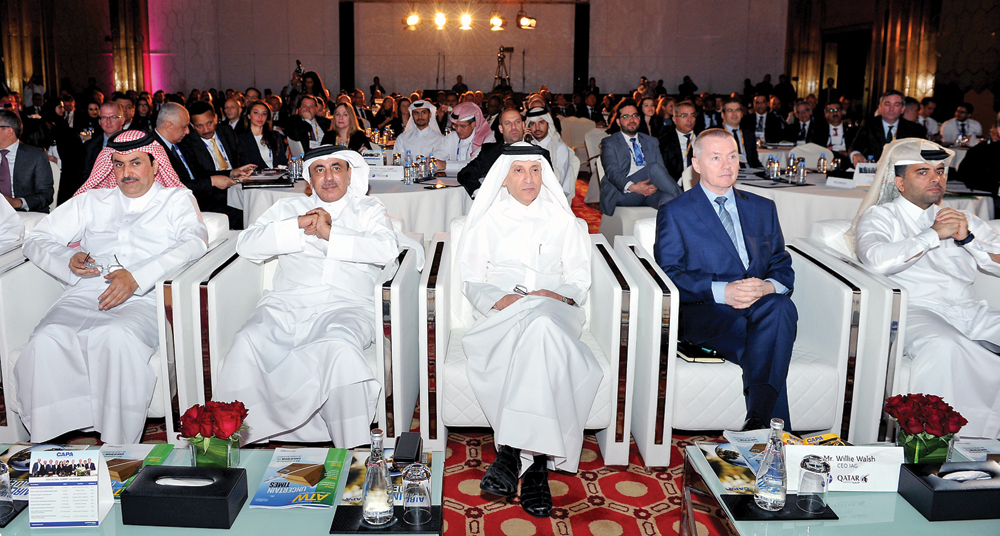 Minister of Transport and Communications, H E Jassim bin Saif bin Ahmed Al Sulaiti, and Group Chief Executive of Qatar Airways, H E Akbar Al Baker, with other dignitaries during the CAPA Qatar Aviation, Aeropolitical and Regulatory Summit, yesterday. Pic: