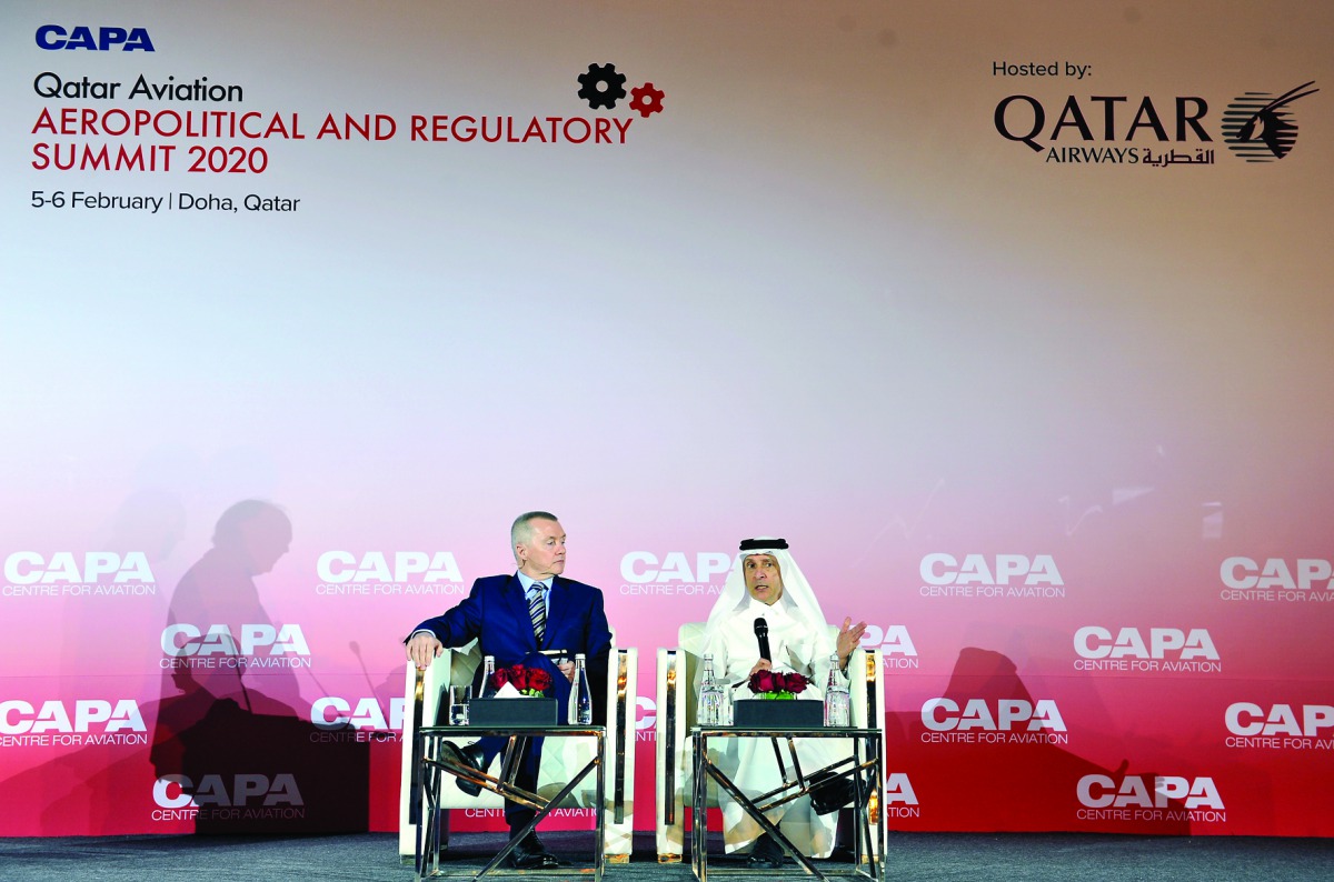 Qatar Airways Group Chief Executive, H E Akbar Al Baker (right), with Willie Walsh, CEO, IAG, addressing the CAPA Qatar Aviation, Aeropolitical and Regulatory Summit at the Sheraton Grand Doha Resort and Convention Hotel yesterday. Pic: Salim Matramkot/Th