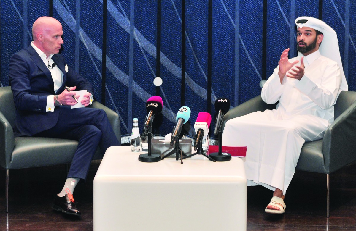 The Secretary-General of the Supreme Committee for Delivery and Legacy, Hassan Al Thawadi (right), during the Education City Speaker Series held at Qatar National Library yesterday. 
Pic: Baher Amin/The Peninsula