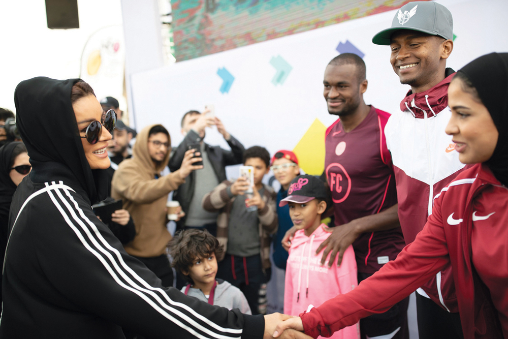 H H Sheikha Moza bint Nasser, Chairperson of Qatar Foundation, participating in National Sport Day activities at Education City and Msheireb.