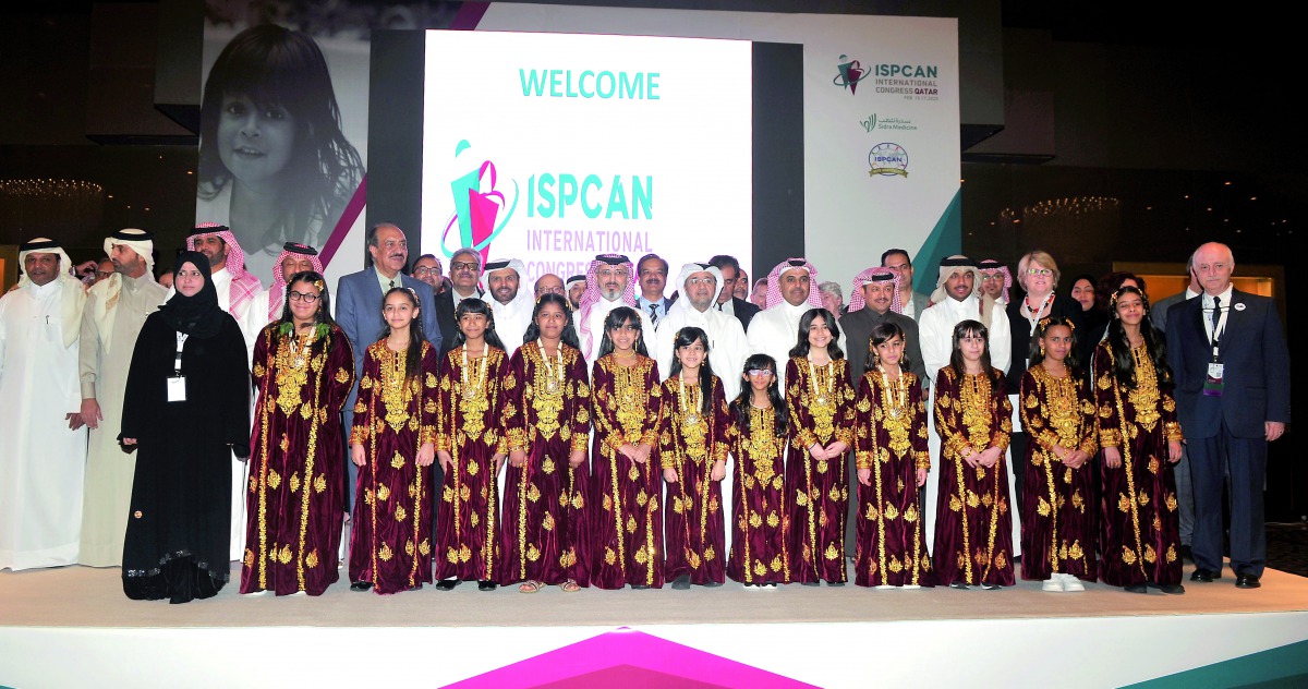 Dr Salih Ali Al Marri (centre), the Assistant Minister for Health Affairs at the Ministry of Public Health, with Prof. Khalid Al Ansari, Sidra Medicine’s Chair of the Department of Emergency; and Dr Tufail Muhammad, President ISPCAN, and other officials a