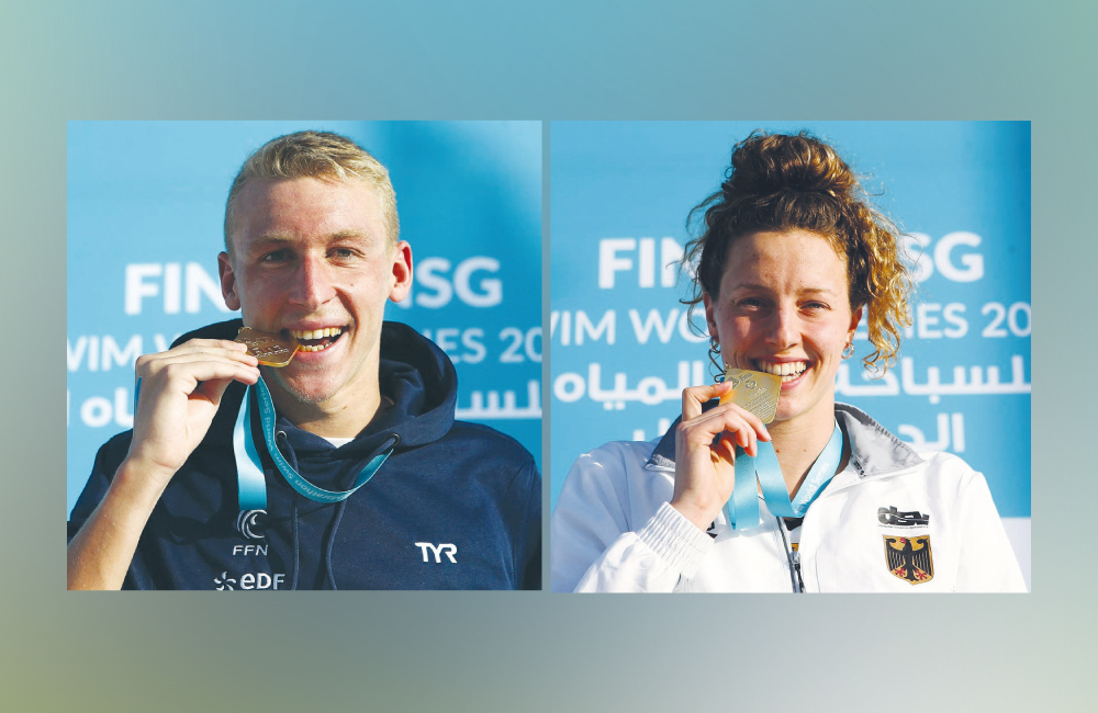 Marc-Antoine Olivier (left) and Leonie Beck bite their gold medals after recording wins at Katara Beach yesterday.