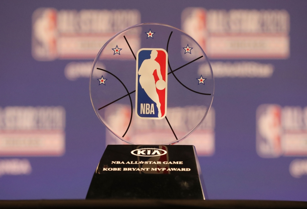 NBA commissioner Adam Silver unveils the Kobe Bryant MVP Award at a press conference during NBA All Star Saturday Night at United Center. Dennis Wierzbicki-USA TODAY Sports