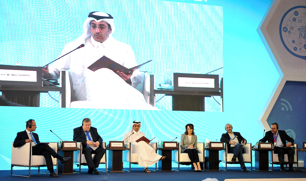 Dr. Ali bin Smaikh Al Marri (second left), Chairman of the National Human Rights Committee (NHRC) and Vice-President and Secretary-General of GANHRI; delivering the closing remarks at the conclusion of the conference in Doha yesterday. Other panellists (f