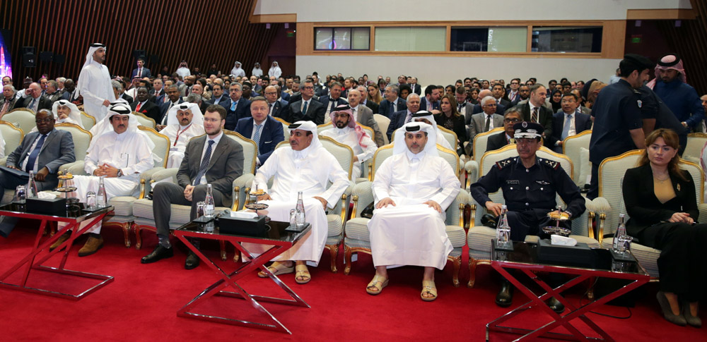 Minister of Transport and Communications, H E Jassim bin Saif bin Ahmed Al Sulaiti (third right), and Minister of Municipality and Environment, H E Abdullah bin Abdulaziz bin Turki Al Subaie (second right), and other dignitaries at the opening of the Qata