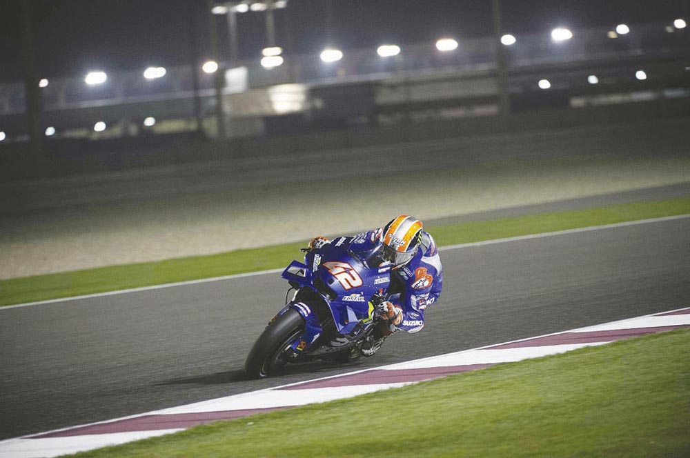 MotoGP rider Alex Rins (Team Suzuki Ecstar) in action during a pre-season testing session held under lights at Losail International Circuit last night. The three-day pre-season testing will end tomorrow with entry to the circuit free for fans, organisers 