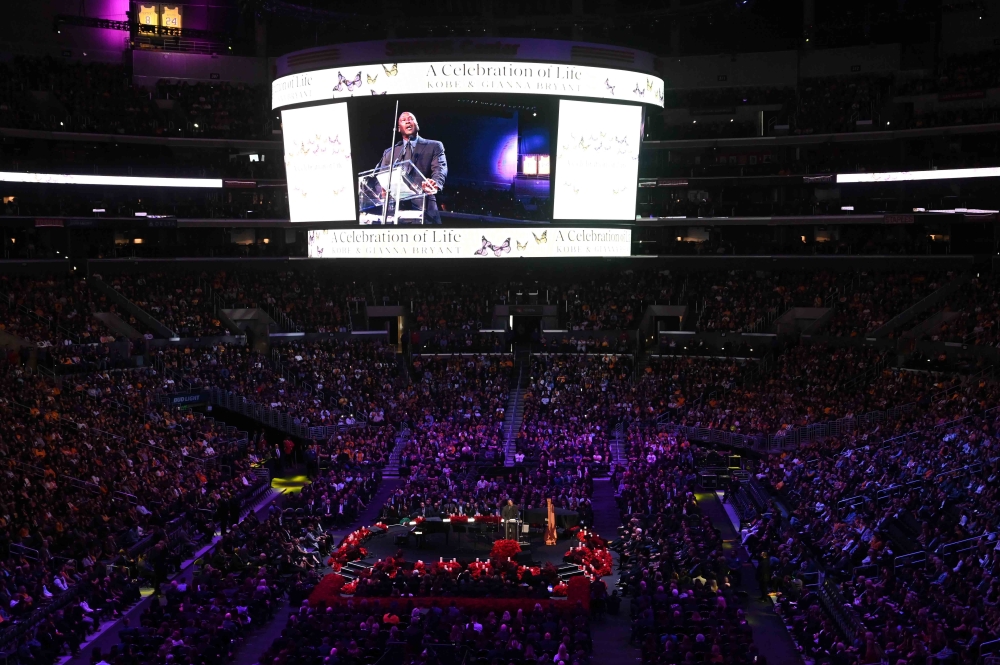  Feb 24, 2020; Los Angeles, California, USA; NBA legend Michael Jordan speaks during the memorial to celebrate the life of Kobe Bryant and daughter Gianna Bryant at Staples Center. Mandatory Credit: Robert Hanashiro-USA TODAY Sports 