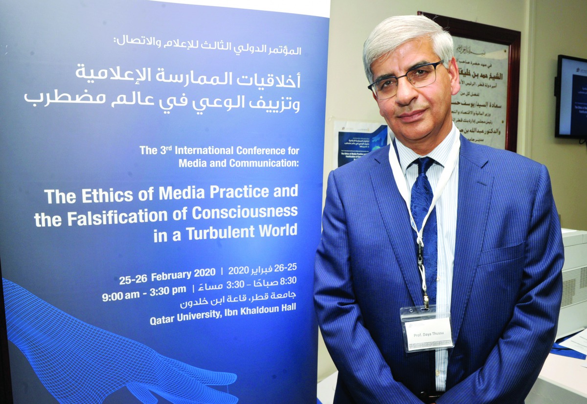 Professor Daya Thussu at the 3rd International Conference for Media and Communication titled: The Ethics of Media practice and the Falsification of Consciousness in a Turbulent World at Qatar University yesterday.