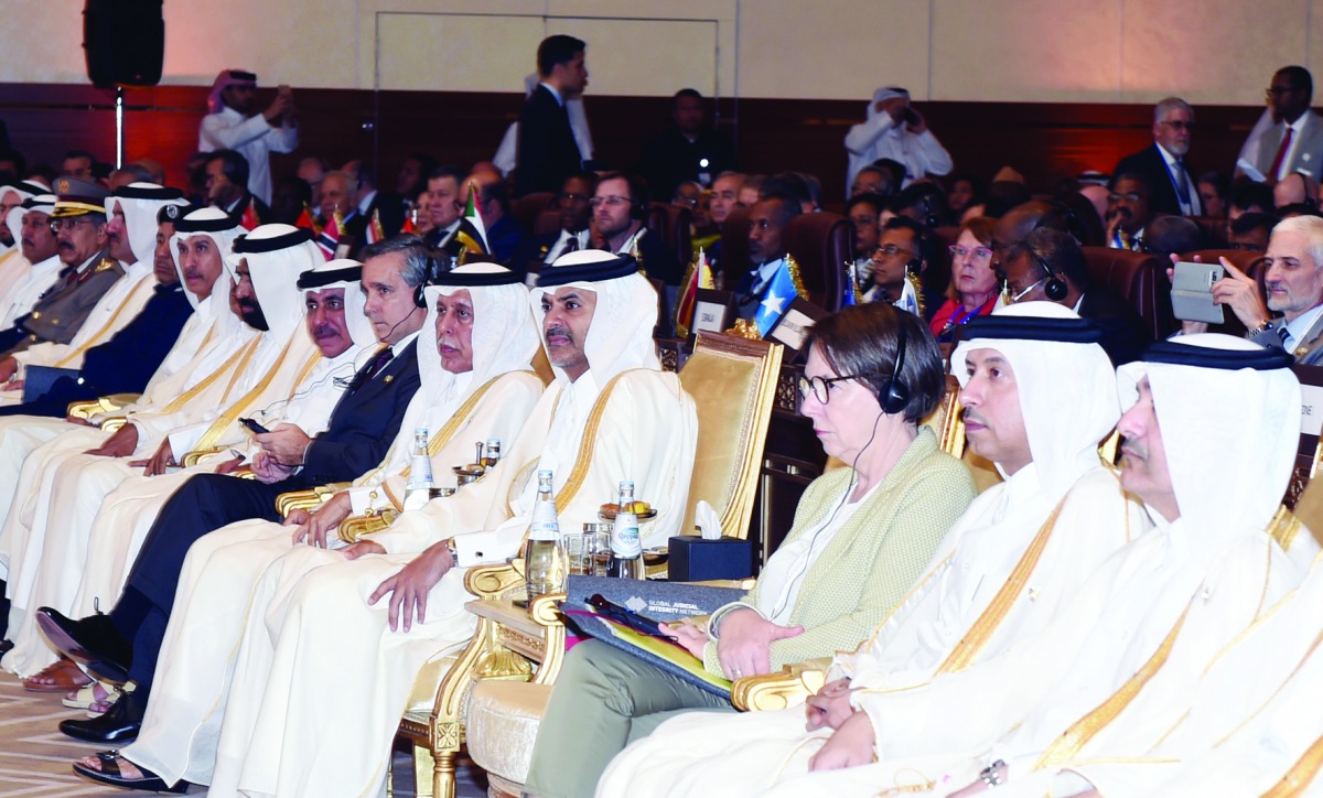 The Prime Minister and Minister of Interior, H E Sheikh Khalid bin Khalifa bin Abdulaziz Al Thani; Speaker of the Shura Council, H E Ahmed bin Abdullah bin Zaid Al Mahmoud, and Their Excellencies the Sheikhs, Ministers and senior officials as well as head