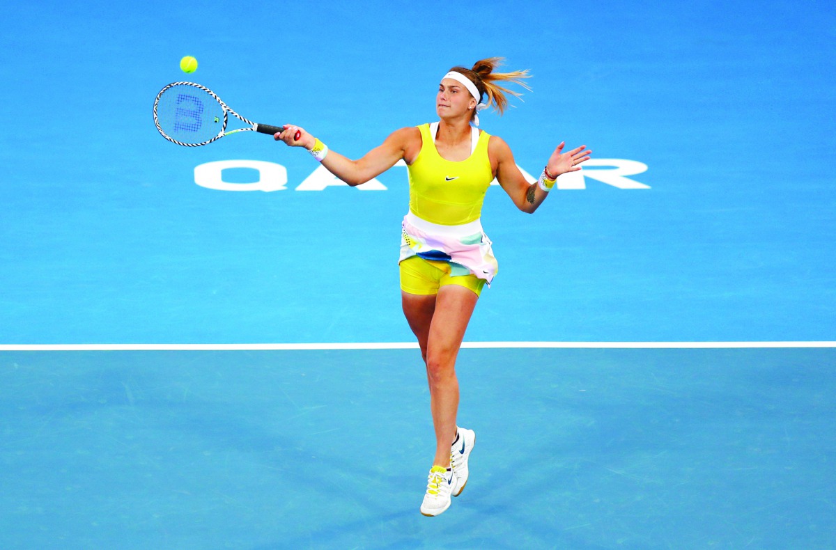 Belarus’ Aryna Sabalenka hits a return shot against Russia’s Svetlana Kuznetsova during their Qatar Total Open semi-final match played at the Khalifa International Tennis and Squash Complex, yesterday.