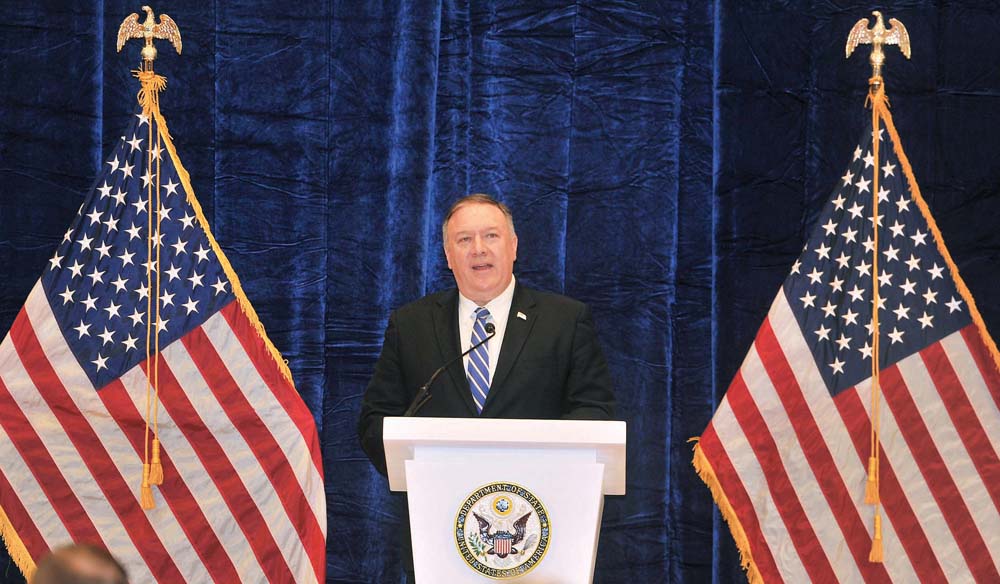 The US Secretary of State, Mike Pompeo, during a press conference after the agreement signing for bringing peace to Afghanistan at Sheraton Doha Hotel, yesterday. Pic: Baher Amin/The Peninsula 