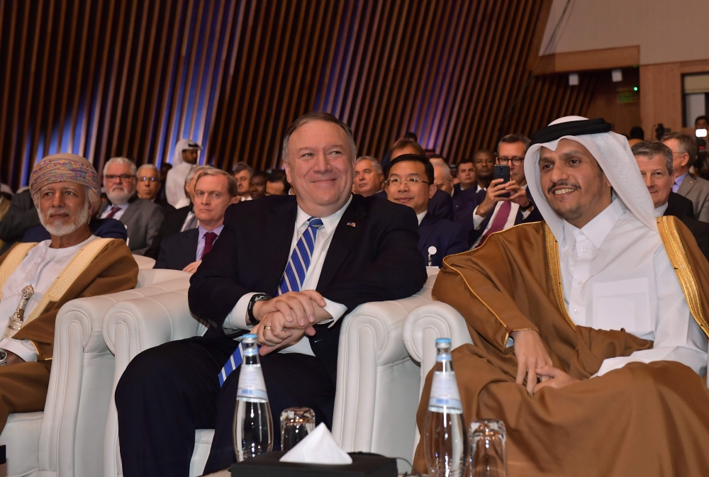 (L to R) Oman's Minister of Foreign Affairs Yusuf bin Alawi bin Abdullah, US Secretary of State Mike Pompeo, and Qatar's Deputy Prime Minister and Minister of Foreign Affairs Sheikh Mohammed bin Abdulrahman al-Thani attend the signing of a US-Taliban agre