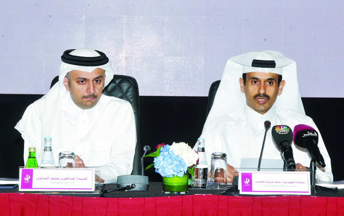 H E Saad bin Sherida Al Kaabi (right), Minister of State for Energy Affairs and Chairman and Managing Director of Industries Qatar, with Abdulaziz Mohammed Al Mannai, Vice-Chairman, during the Annual General Assembly of Industries Qatar, in Doha yesterday