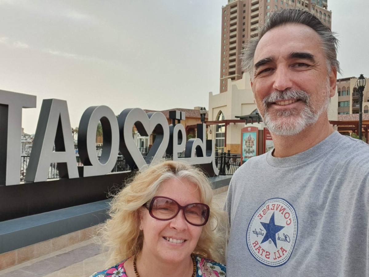 Borja Entrala Fabregas, a Spanish national living in Qatar who has recovered from COVID-19, seen with his wife.