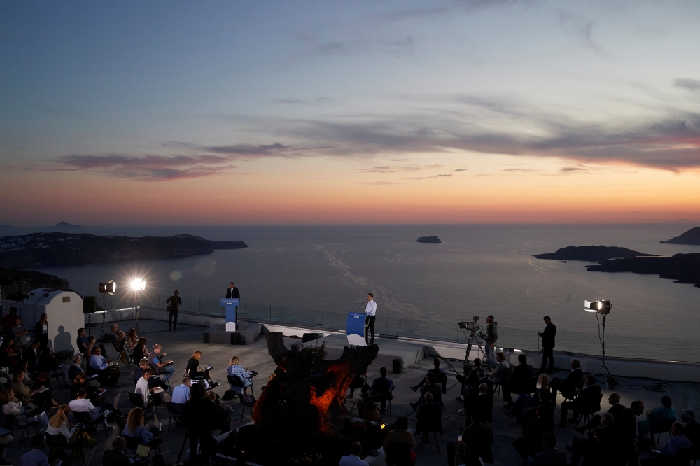 Greek Prime Minister Kyriakos Mitsotakis speaks during a news conference, following the easing of measures against the coronavirus disease (COVID-19), on the island of Santorini, Greece, June 13, 2020. Dimitris Papamitsos