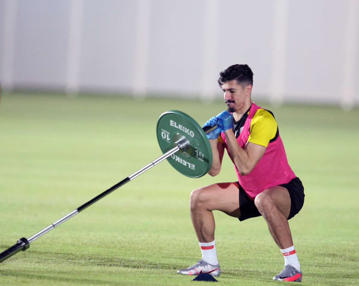 Al Sadd's Algerian striker Baghdad Bounedjah takes part in a training session yesterday, as the teams gear up for the return of QNB Stars League action following a long break. 