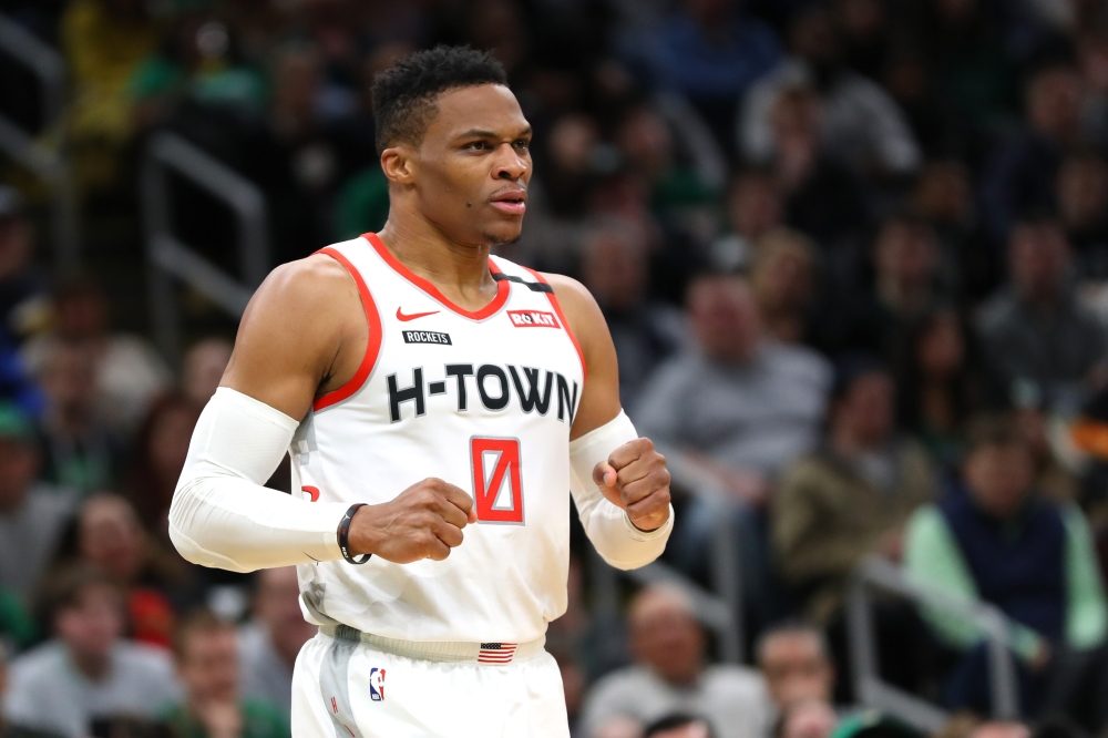 In this file photo Russell Westbrook #0 of the Houston Rockets reacts during the second half of the game against the Boston Celtics at TD Garden on February 29, 2020 in Boston, Massachusetts. / AFP / GETTY IMAGES NORTH AMERICA / Maddie Meyer