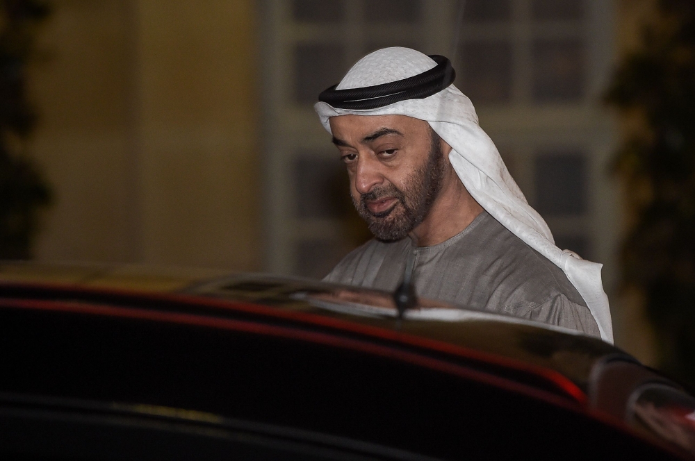 (FILES) In this file photo taken on November 21, 2018 Abu Dhabi Crown Prince Sheikh Mohammed bin Zayed Al Nahyan leaves after a working dinner with the French prime minister at the Hotel de Matignon in Paris. AFP / LUCAS BARIOULET