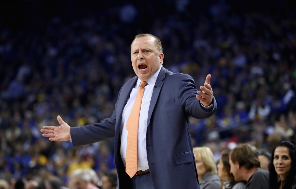 In this file photo taken on November 8 2017, Head coach Tom Thibodeau of the Minnesota Timberwolves reacts during their game against the Golden State Warriors at ORACLE Arena in Oakland, California. The New York Knicks are putting the final touches on a d