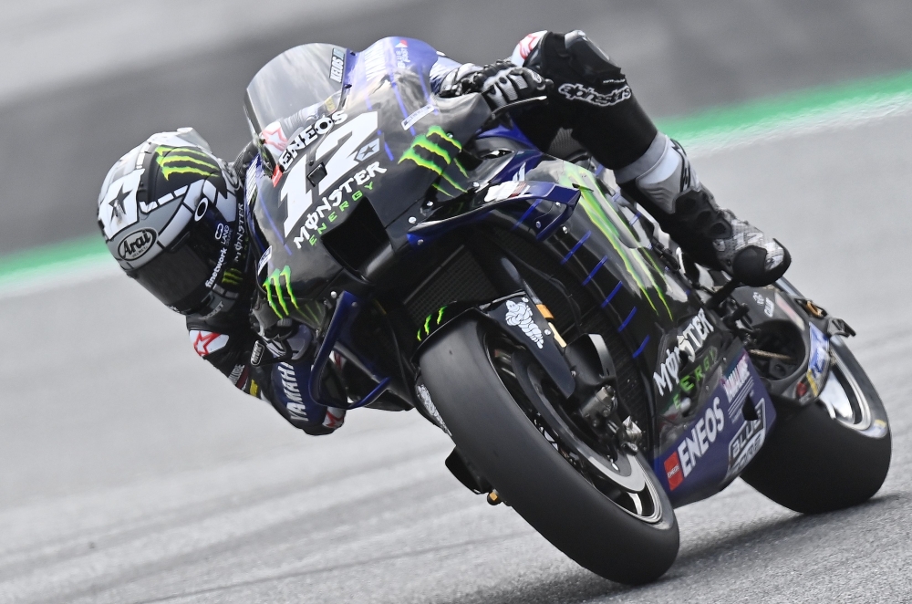 Monster Energy Yamaha' Spanish rider Maverick Vinales rides during the qualification round of the Moto GP Austrian Grand Prix at the Red Bull Ring circuit in Spielberg, Austria on August 15, 2020. / AFP / JOE KLAMAR