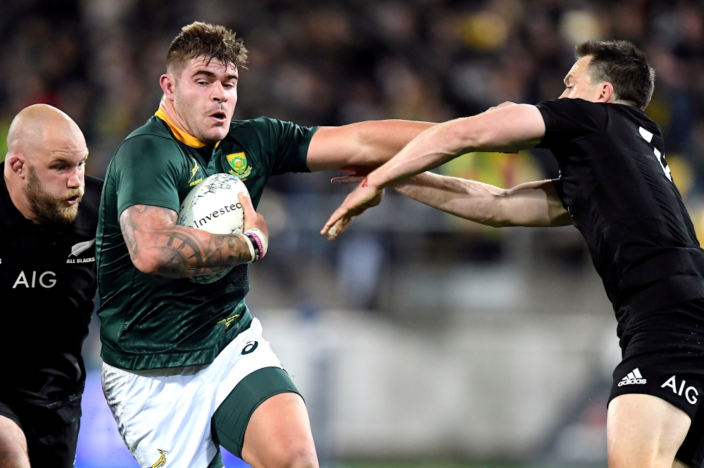 September 15, 2018 - South Africa's Malcolm Marx runs away from New Zealand's Owen Franks and Ben Smith. REUTERS/Ross Setford/File Photo