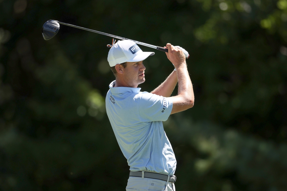 Harris English of the United States plays his shot from the 14th tee during the first round of The Northern Trust at TPC Boston on August 20, 2020 in Norton, Massachusetts. Rob Carr/Getty Images/AFP 