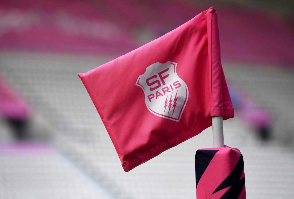 In this file photo taken on June 11, 2020 Stade Francais' rugby union club logo is seen in Paris, on the resuming day of the trainings at the rugby union club as the country eases lockdown measures taken to curb the spread of the COVID-19 disease caused b