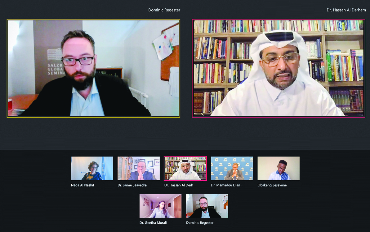 President of Qatar University, Dr. Hassan Rashid Al Derham, with other experts during the online discussion.