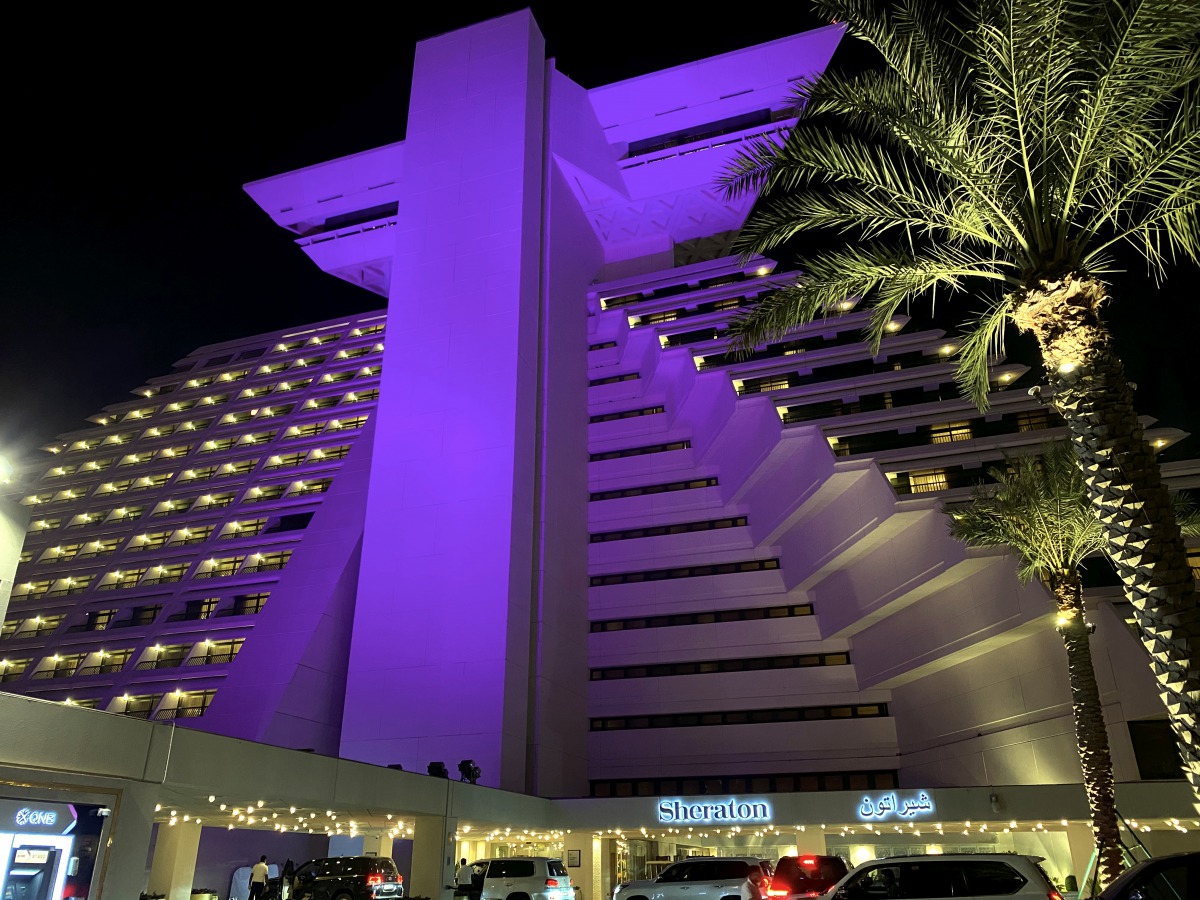 The Sheraton Grand Doha Resort & Convention Hotel lit up in purple to mark the day. PIC: Qassim Rahmatullah/ The Peninsula