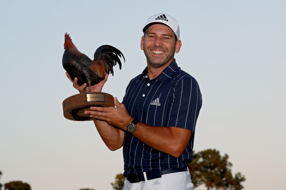 Sergio Garcia of Spain celebrates with the trophy after winning the Sanderson Farms Championship at The Country Club of Jackson on October 04, 2020 in Jackson, Mississippi. Sam Greenwood/Getty Images/AFP