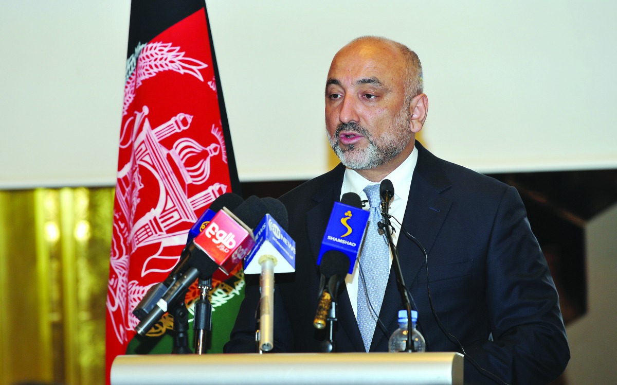 Acting Afghan Foreign Minister H E Mohammad Haneef Atmar addressing a press conference, in Doha, yesterday. Pic: Salim Matramkot/The Peninsula