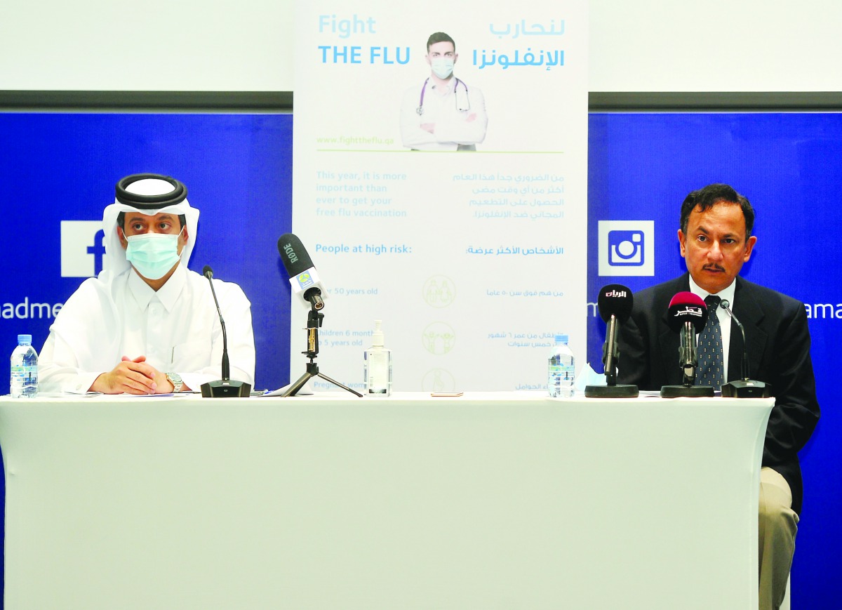 Director Health Protection and Communicable Diseases at MoPH, Dr. Hamad Al Romaihi; and Head of the Infectious Diseases Division at Hamad Medical Corporation, Dr. Abdullatif Al Khal (right), addressing a press conference at the Medical City yesterday. Pic