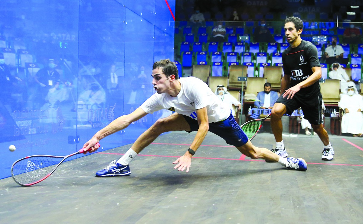 Egypt's Ali Farag (left) in action against compatriot Tarek Momen during yesterday's semi-final.