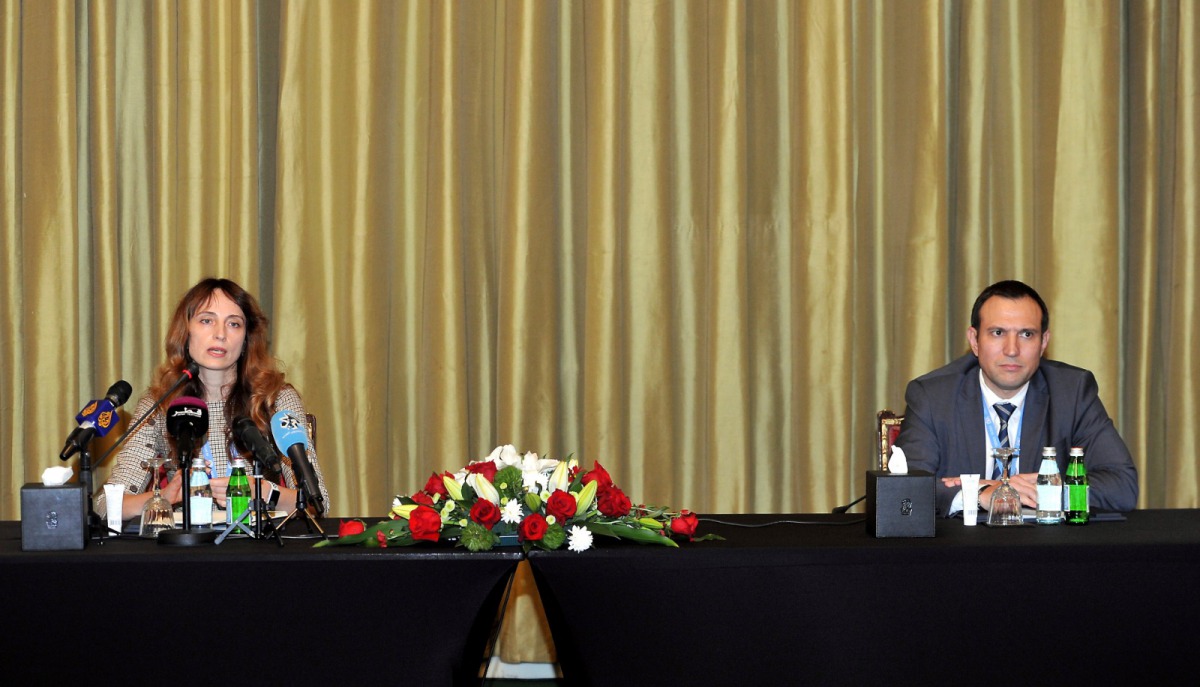 UN Special Rapporteur on unilateral coercive measures and human rights, Alena Douhan (left), addressing a press conference in Doha yesterday. PIC: SALIM MATRAMKOT/THE PENINSULA