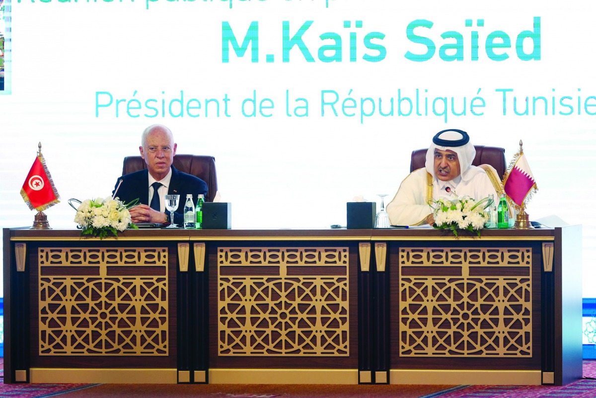 President of the Republic of Tunisia, H E Kais Saied, and Chairman of the Board of Trustees of Lusail University, Dr. Ali bin Fatis Al Marri, during a discussion organised yesterday by the University at The Ritz-Carlton Hotel. 