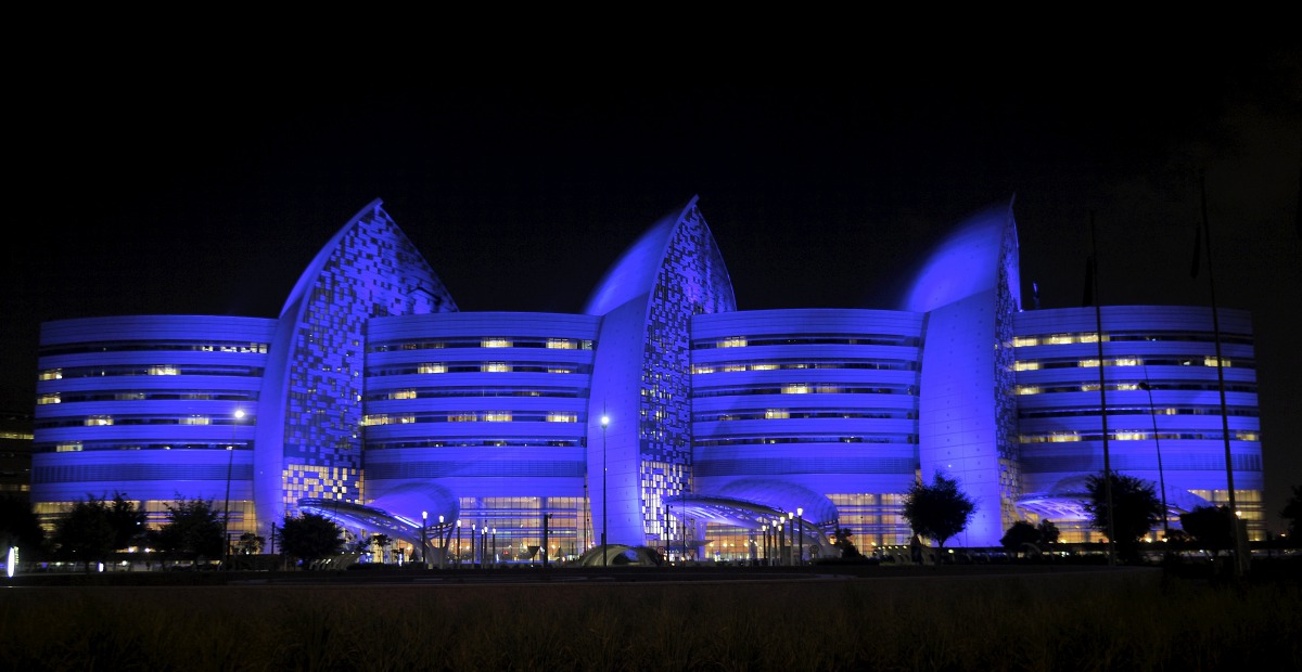 Sidra Medicine building lit up in blue to show support for universal child rights as part of the World Children's Day which was marked yesterday. Pic: ABDUL BASIT/ THE PENINSULA
