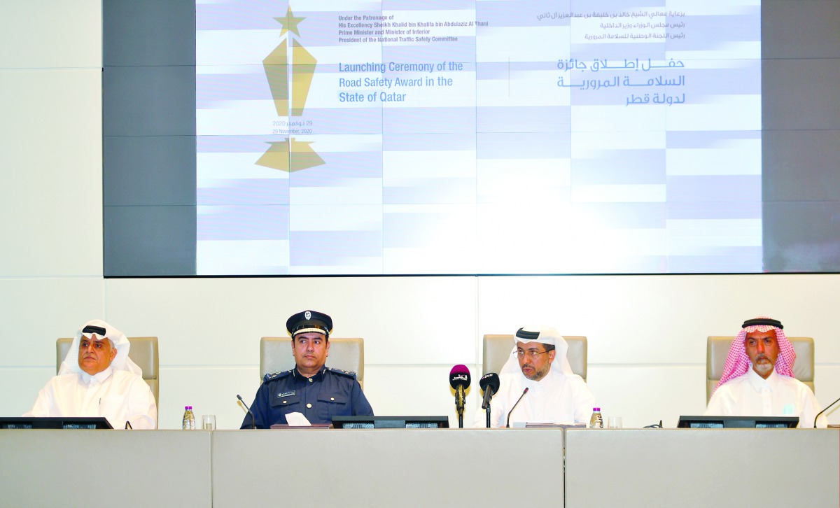 From left: Secretary, National Traffic Safety Committee Brigadier Mohammed Abdullah Al Malki; Director-General, General Directorate of Traffic Brigadier Mohammed Abdullah Al Shahwani; President of Qatar University, Dr. Hassan bin Rashid Al Derham; and Man