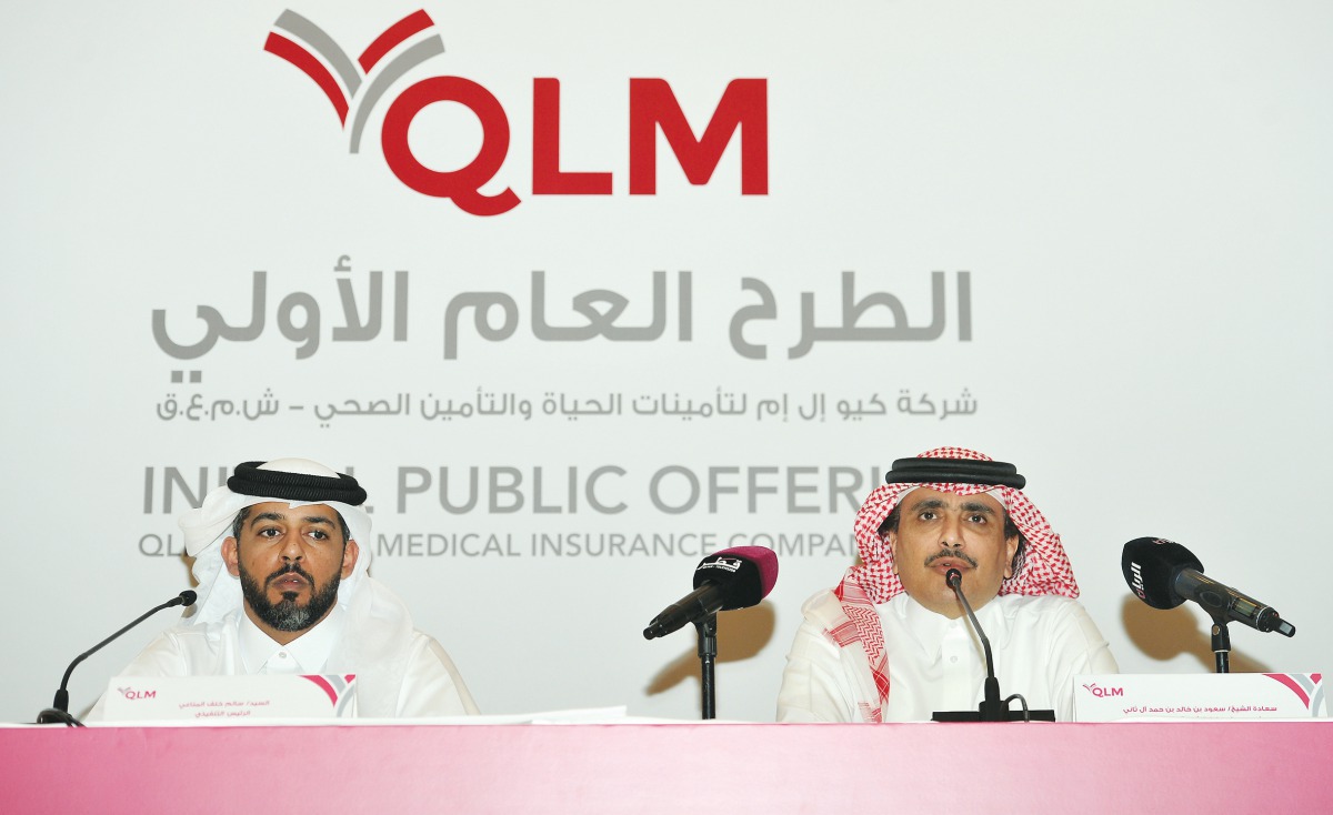 Chairman of QLM, Sheikh Saoud bin Khalid bin Hamad Al Thani (right); and Group CEO of Qatar Insurance Group & authorised representatives of QLM Founders, Salem Khalaf Al Mannai, addressing a press conference at Four Seasons Hotel Doha, yesterday. Pic: Sal