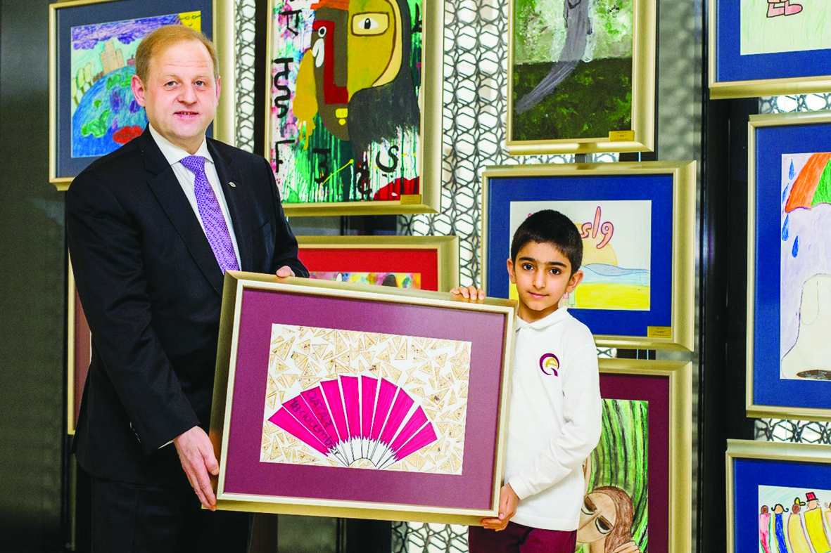 Nasser Al Emadi, a student of Qatar Academy - Msheireb, gifts his art to Mandarin Oriental, Doha in honour of Qatar National Day 2020.