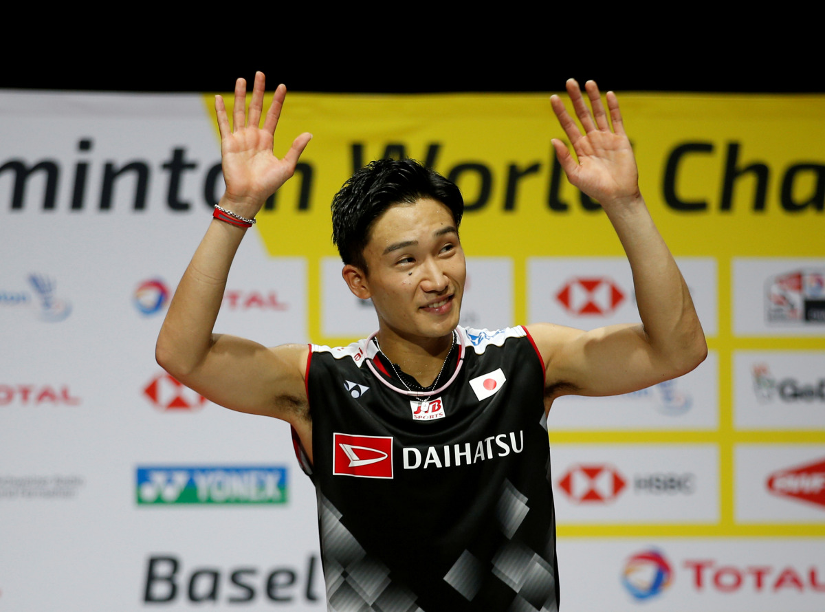 FILE PHOTO: 2019 Badminton World Championships - St. Jakobshalle Basel, Basel, Switzerland - August 25, 2019 Japan's Kento Momota celebrates winning his men's singles final against Denmark's Anders Antonsen REUTERS/Vincent Kessler/File Photo
