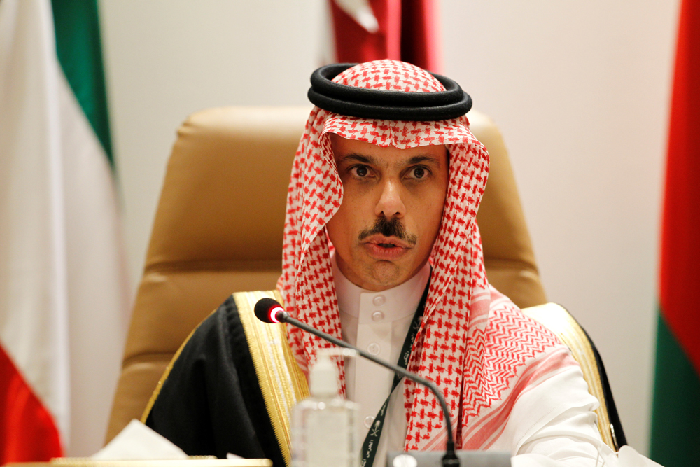 Minister of Foreign Affairs of Saudi Arabia, H H Prince Faisal bin Farhan Al Saud, speaks during a news conference at the 41st Summit of GCC, in Al-Ula yesterday. 