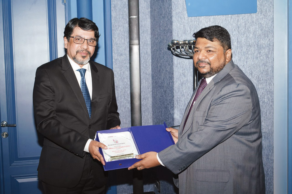 Ambassador of Bangladesh to Qatar, Md. Jashim Uddin (left), with Bangladesh Forum Qatar (BFQ) President Mohammad Shafiqul Islam, during the BFQ’s Members’ Night at the Sheraton Doha on Sunday.