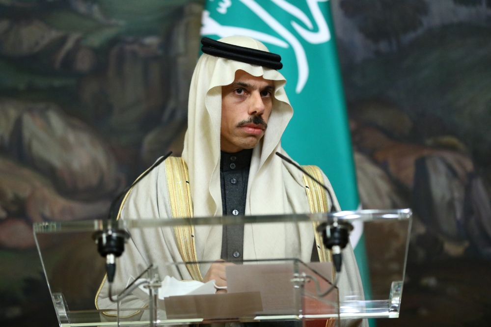 Saudi Arabia's Foreign Minister Prince Faisal bin Farhan Al Saud attends a news conference following talks with Russia's Foreign Minister Sergei Lavrov in Moscow, Russia January 14, 2021. Russian Foreign Ministry/Handout via Reuters