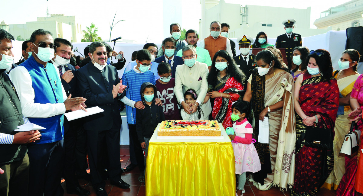 The Ambassador of India to Qatar, H E Dr. Deepak Mittal, along with his spouse Dr. Alpana Mittal joins children and community members in cutting a cake to mark the 72nd Republic Day of India at a function held at the embassy in Doha yesterday. Pic: Salim 