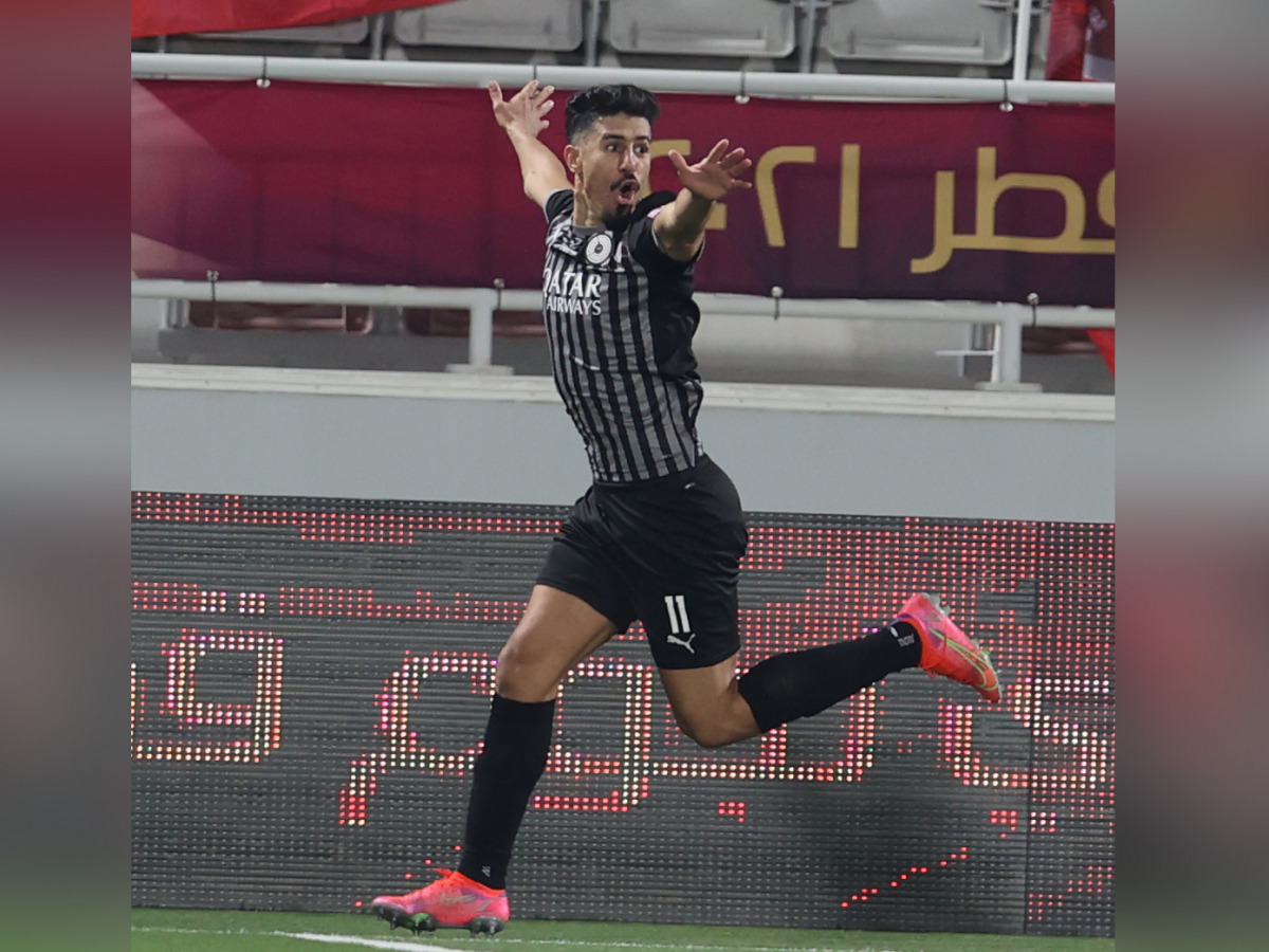 Al Sadd's Baghdad Bounedjah celebrates his goal against Al Duhail, yesterday.