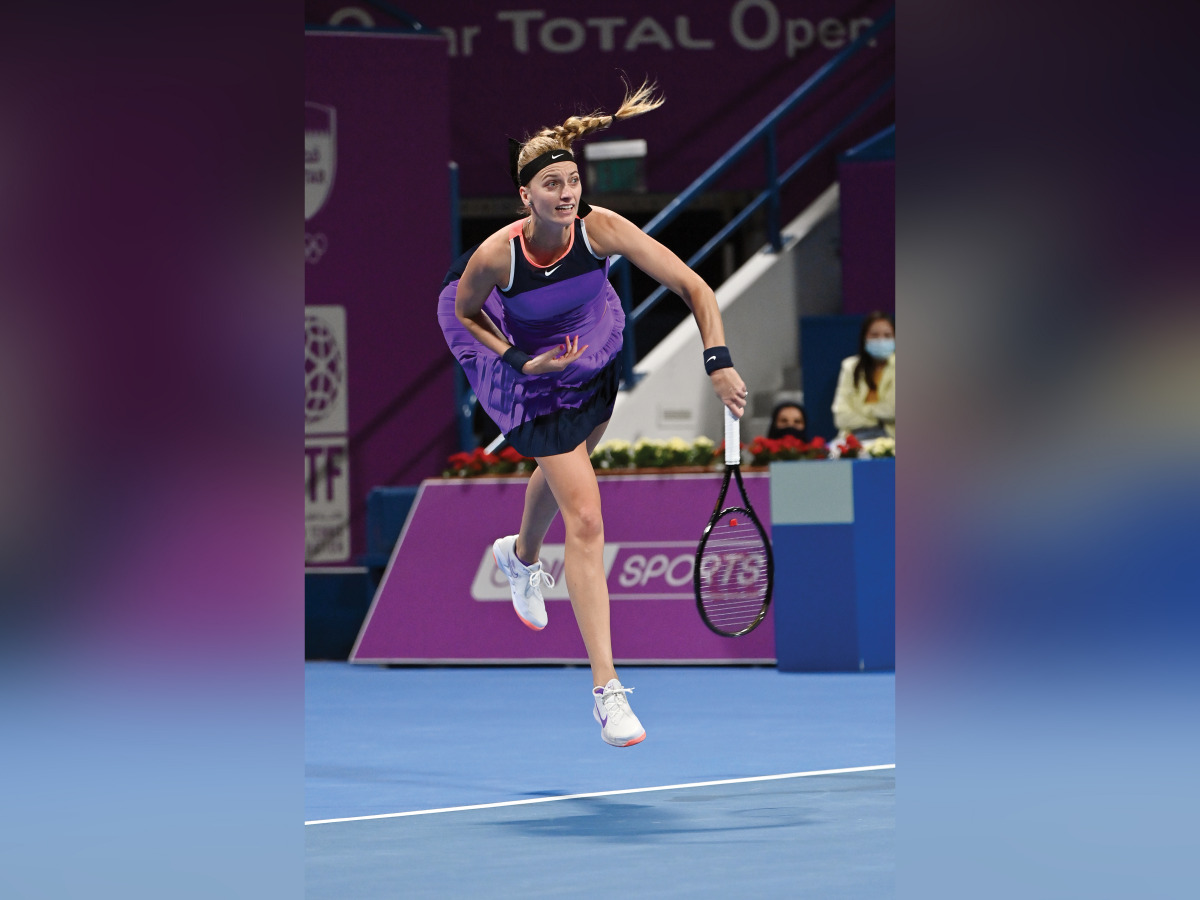 Petra Kvitova of the Czech Republic serves against Jessica Pegula of the United States during their singles semi-final match of the Qatar Total Open 2021 at Khalifa International Tennis and Squash Complex, yesterday.