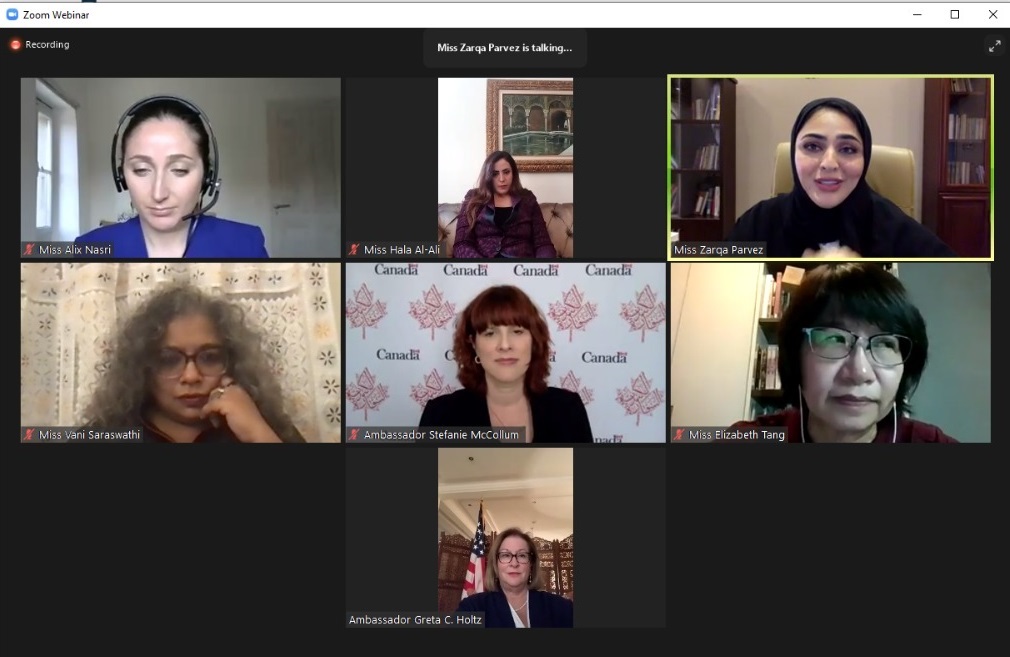 Chargé d’Affaires of the US Embassy in Qatar, Ambassador Greta C Holtz; Ambassador of Canada to Qatar, H E Stefanie McCollum; and other participants during the webinar.